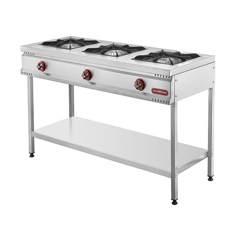 SilverInox Taban Raflı 3 Gözlü Midi Ocak, 130x65x85 cm, Doğalgazlı Ce, TB-3D