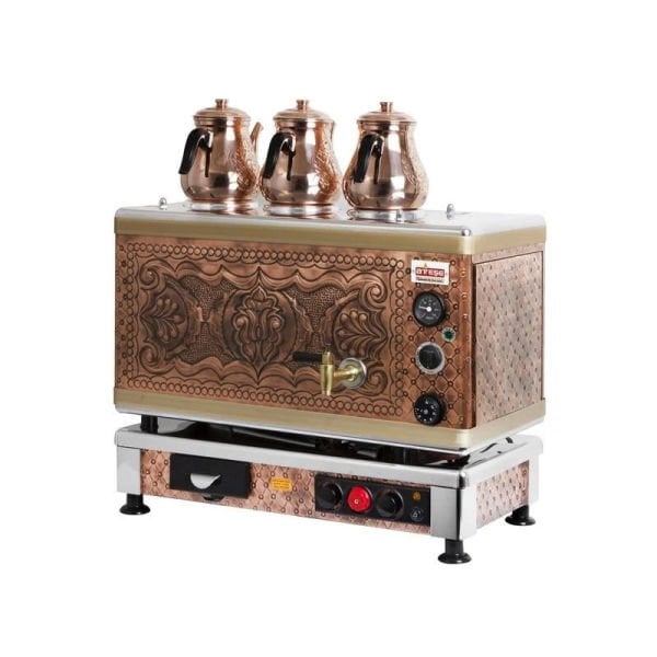Ateşe Gold Otomatik Gazlı Elektrikli Bakır 3 Demlikli Çay Kazanı, 34 Litre, GAGE03