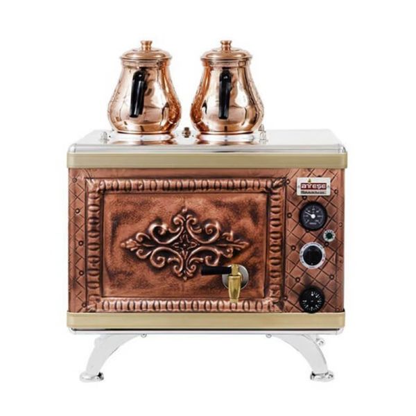 Ateşe Gold Compact Otomatik Gazlı Elektrikli Bakır 2 Demlikli Çay Kazanı, 24 Litre, GCAGE02